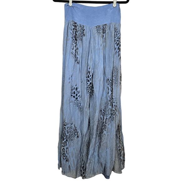 Gigi Moda S/M Blue Wide Leg Art to Wear Lagenlook Pant Flowy Palazzo Leopard
